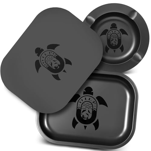 Metal Rolling Tray Set with Magnetic Lid and Ashtray, Funny Turtle Design
