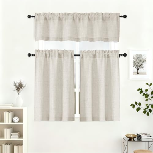 Lecloud Natural Faux Linen Kitchen Tier Curtains, 30"W x 36"L, 2-Pack