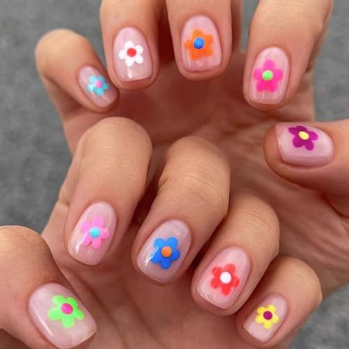 IMSOHOT Short Square Press on Nails Colorful Flower Fake Nails 24Pcs
