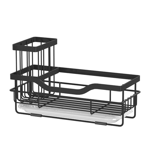 Rustproof Kitchen Sink Sponge Holder with Drain Tray & Brush Holder