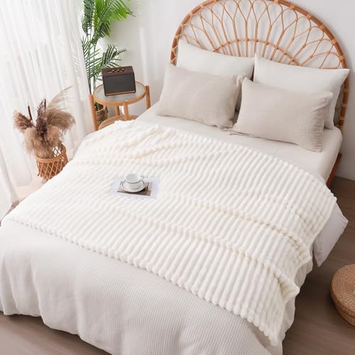Vessia Cream Striped Flannel Fleece Throw Blanket 50x70 inch