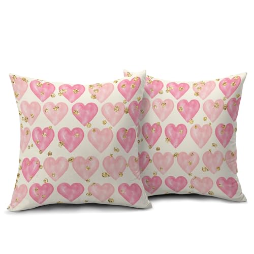 Valentine's Day Decorative Pillow Covers - Set of 2, 18x18 Inch Pink Heart with Golden Polka Dots