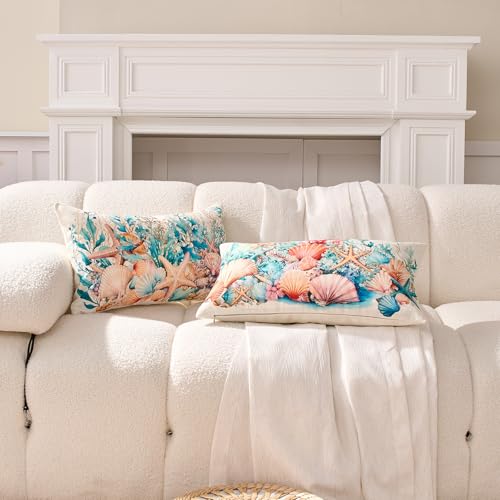 Coastal Lumbar Pillow Covers 12x20 Inch Set of 2, Beach Nautical Cushion Cases