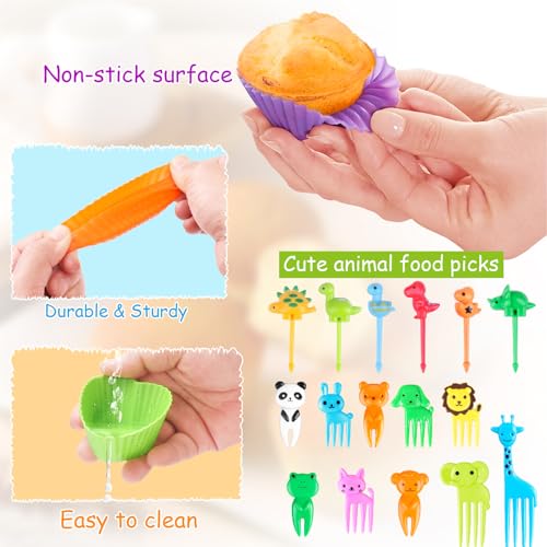 Kids Silicone Lunch Box Dividers Set with Food Picks & Cupcake Liners