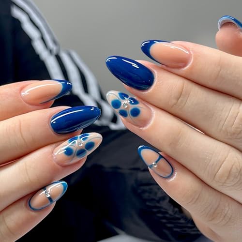 Blue French Almond Press on Nails with Rhinestones & Summer Flower Art
