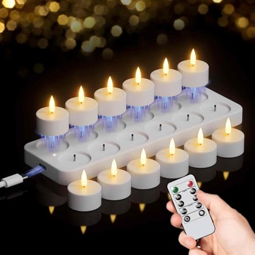 Rechargeable White Tea Lights Candles with Remote & Timer - Set of 12