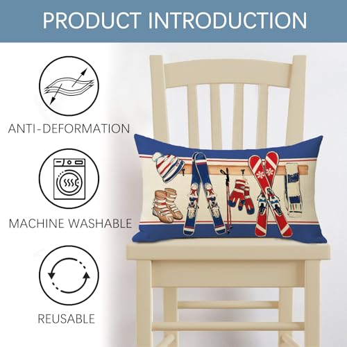 Winter Skiing Decorative Throw Pillow Cover - 12x20 Cotton Linen
