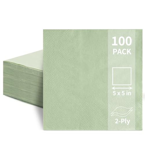 Sage Green Cocktail Napkins - 100 Pack, 2-Ply 5x5 Inch Disposable