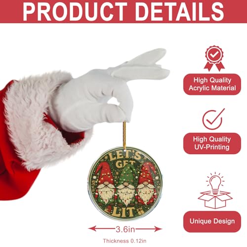 Funny Gnome Christmas Ornament - 3.6 in Acrylic Holiday Tree Decoration