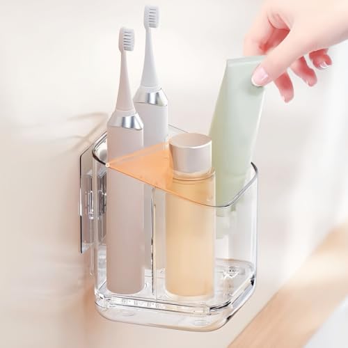 3-Slot Wall-Mounted Toothbrush Holder with Drip Tray - Clear PET