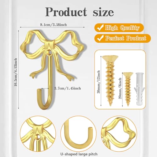 XHIPY Large Gold Bow Wall Hooks - Set of 2 Decorative Metal Coat Hooks