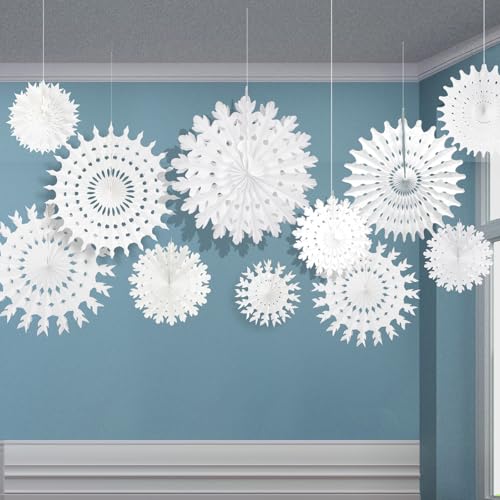 Christmas Snowflake Decorations Set of 16 - Winter Holiday Hanging Paper Snowflakes with String, Mixed Sizes 7.8-20 inches