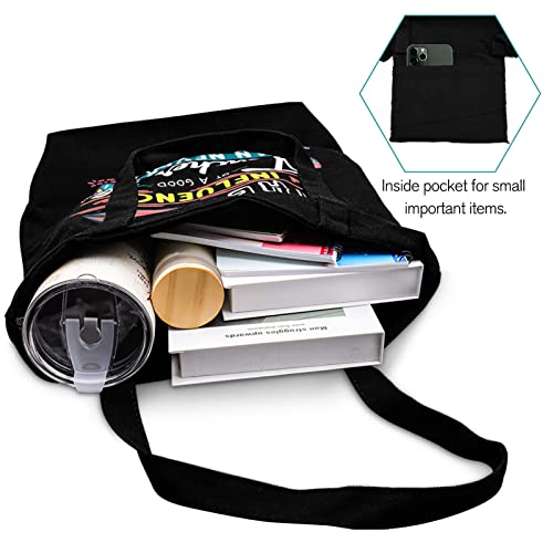 NANOOER Teacher Appreciation Canvas Tote Bag - Black, Large with Inner Pocket