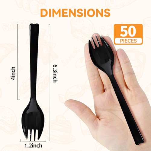 50-Pack 6.3-Inch Heavyweight Disposable Sporks - Black Plastic Utensils for Parties & Catering