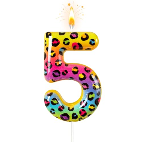 Colorful Leopard Print Number 5 Birthday Candle - Party Decoration