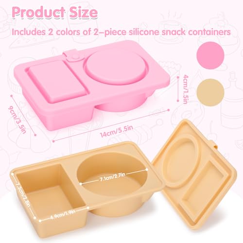 2 PCS Reusable Silicone Snack Containers with Lids - Double Compartment for Fruits & Condiments