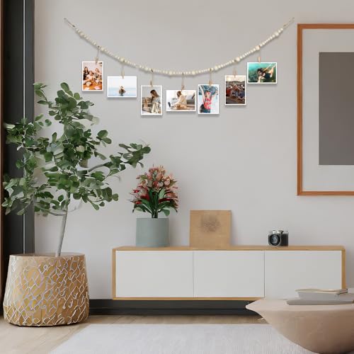 4 Ft Wooden Bead Garland Photo Display with Clips - Boho Room Decor