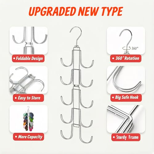 Collapsible Baseball Hat Organizer with 10 Rotatable Hooks - Holds 40 Caps