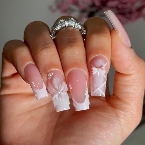 White French Tip Press On Nails Medium Square 3D Flower Bow False Nails