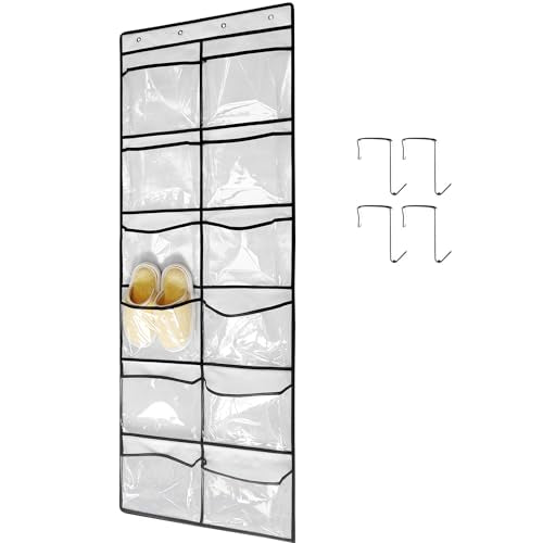 TidyMaster 12-Pocket Over-the-Door Shoe Organizer, Clear Hanging Rack - White