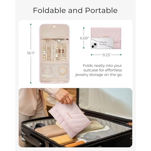 BAGSMART Travel Jewelry Organizer Case, Foldable Jewelry Roll for Necklaces, Earrings, Journey-Rings, Bracelets, Brooches, Portable, Black