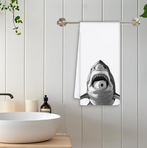 Funny Shark Hand Towels - Coastal Bathroom Decor, 16x24 Inch