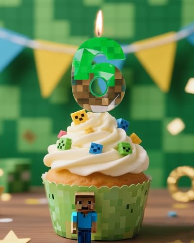 Pixel Number 6 Birthday Candle, Green Miner Theme Cake Topper (2.68 Inch)