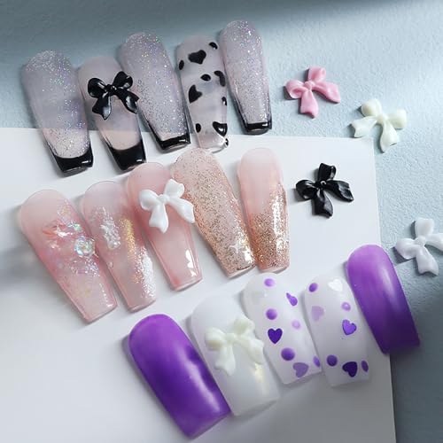 Qdsuh 3D Acrylic Bow Nail Charms with Pearls in 6 Colors for DIY Manicure