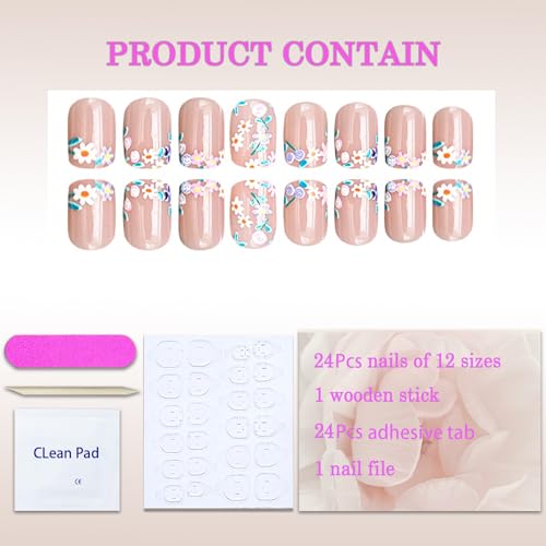 Short Square Daisy Press On Nails with Jelly Glue 24Pcs