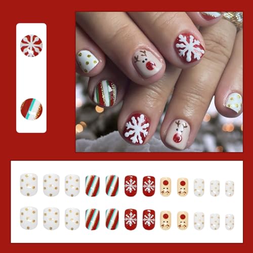 Christmas Press on Nails Short Square Snowflake Reindeer False Nails