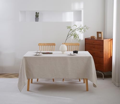 Natural Linen Tablecloth 132x60 Inches - French Flax, Textured, Machine Washable