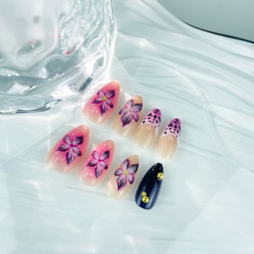 Purple Floral French Tip Press on Nails - 24Pcs Medium Acrylic Fake Nails