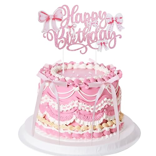 Vintage Satin Ribbon Bow Cake Toppers Set with Happy Birthday Sign