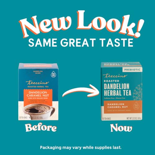 Teeccino Caramel Nut Dandelion Herbal Tea Bags - Caffeine Free, Prebiotic, 10 Pack