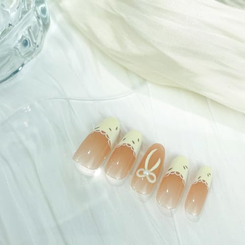 White French Tip Press On Nails with Bows & Pearls - Medium Round False Nails