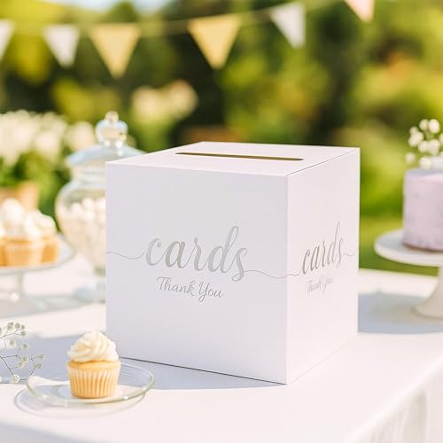 White and Silver Card Box - 7.8-Inch Foldable Gift Card Holder for Events
