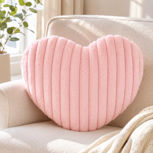 Pink Heart Pillow 15.7" x 11.8" - Soft Faux Rabbit Fur Cushion for Home Decor