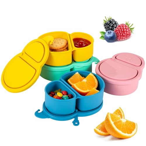 4Pcs Reusable Silicone Snack Containers with Lids - Pink, Blue, Green, Yellow