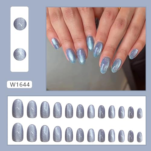 SWEKKE Blue Press On Nails Short Almond Glossy Glitter False Nails 24 Pcs