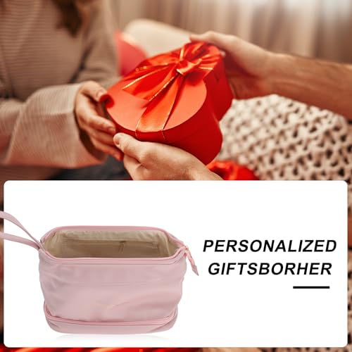 GLIDESMOOTH Double Layer Travel Makeup Bag - Waterproof PU Leather Toiletry Organizer with Brush Compartment, Pink