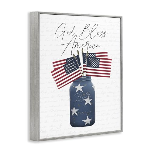 Stupell Industries Patriotic God Bless America Country Quote Jar Flags, Designed by Lettered and Lined Wall Art, 11 x 14, Grey Framed