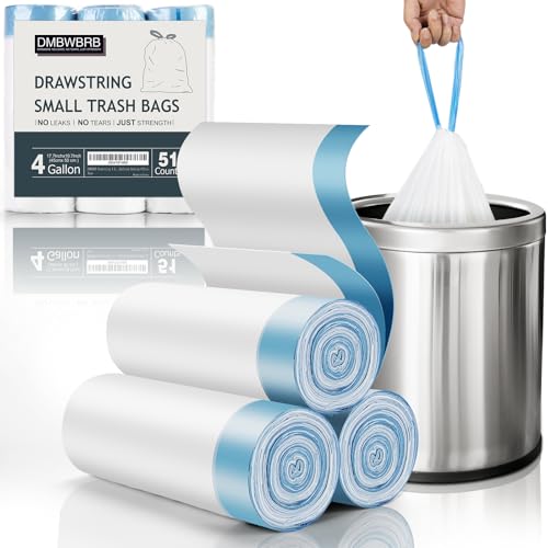 DMBWBRB 4 Gallon Trash Bags with Drawstring, 51 Count - Leakproof & Strong