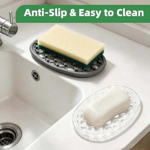 Langierspur Silicone Soap Holder 2-Pack, Self-Draining Soap Dish (Grey/Clear)