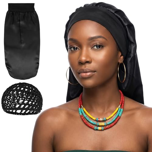 Long Hair Bonnet and Mesh Wrap Cap Set for Sleeping and Braids