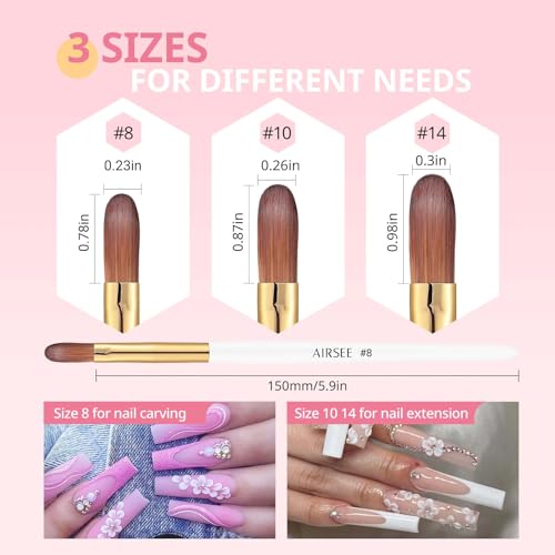 AIRSEE 3PCS Acrylic Nail Brush Set - Sizes 8, 10, 14 for Manicure & Nail Art