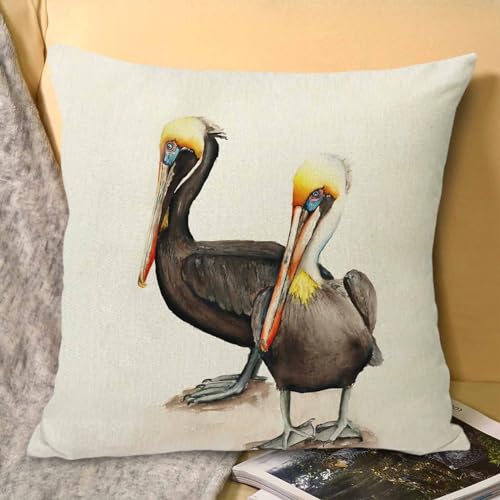 Pelican Decorative Linen Pillow Cover 18x18 Farmhouse Square Cushion Case