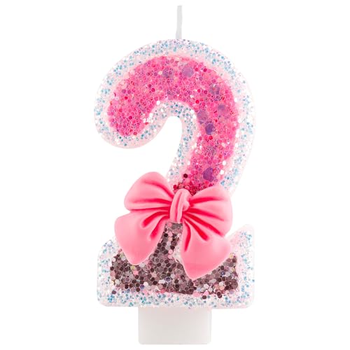 Pink Bow Number 2 Birthday Candle Glitter Cake Topper for Girls Party