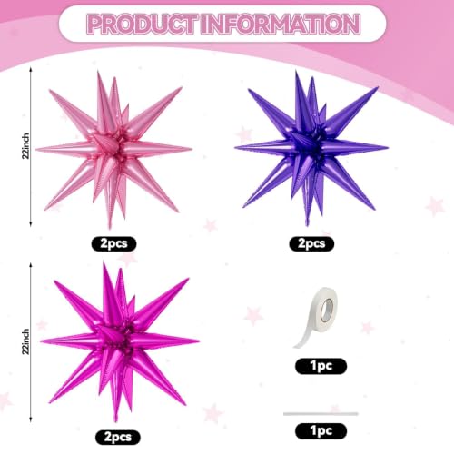 22-Inch Purple Pink Star Foil Balloons - 6PCS Decoration Set