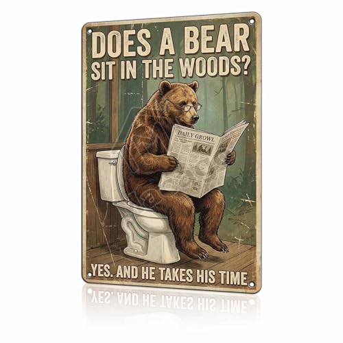 Funny Bear Outhouse Bathroom Sign - 8x12 Inch Wall Art