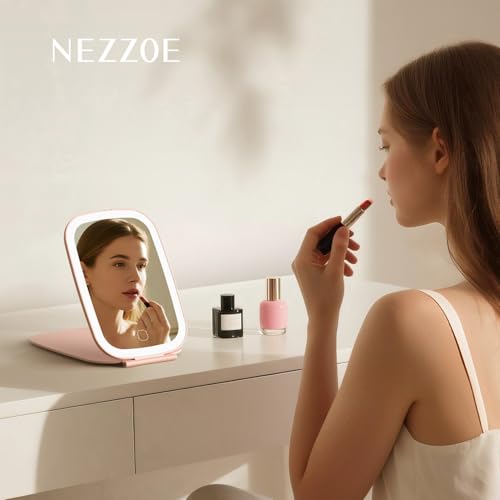 NEZZOE Rechargeable Travel Makeup Mirror with LED Light, 7x5 Pink